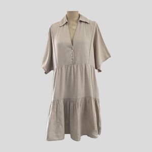 Zara Neutral Beige Linen Short Sleeve Collared Summer Mini Shirt Dress  S